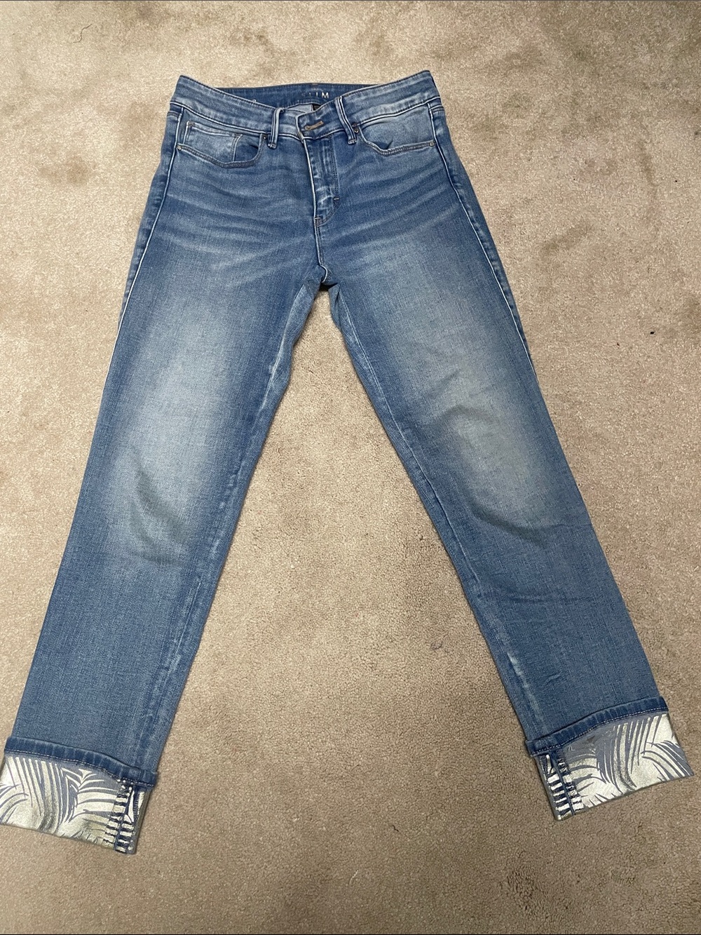 White House Black Market Blue Cropped Jeans with Printed Cuff